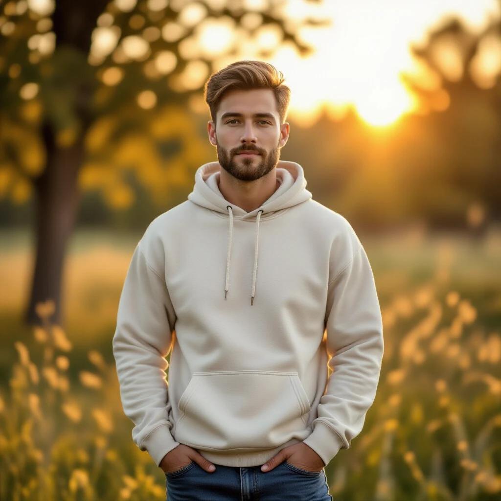 Image shows a man outdoors wearing a light-colored hoodie and jeans. He stands with hands in pockets facing the sunset. Background features trees and grass with sunlight filtering through leaves, creating a warm and tranquil atmosphere. Overall style leans towards natural photography with soft visuals and warm tones evoking relaxation and contemplation.