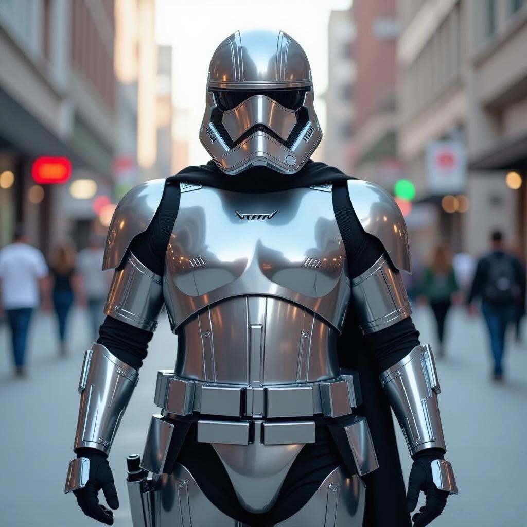 Detailed portrayal of Captain Phasma cosplay featuring stunning shiny armor. The character stands confidently in an urban setting. Armor is sleek and stylized. A cape flows dramatically. Enthusiastic fans may be present in the background.