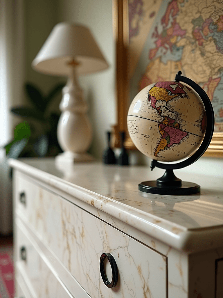 A desktop globe on a marble-topped dresser with a lamp and framed world map in the background.