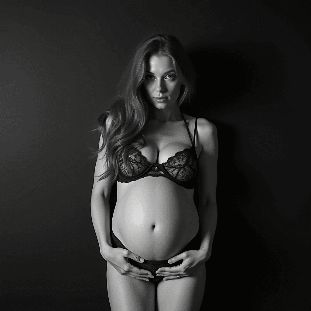 A pregnant woman in black lingerie poses gracefully with her hands on her belly against a dark background.