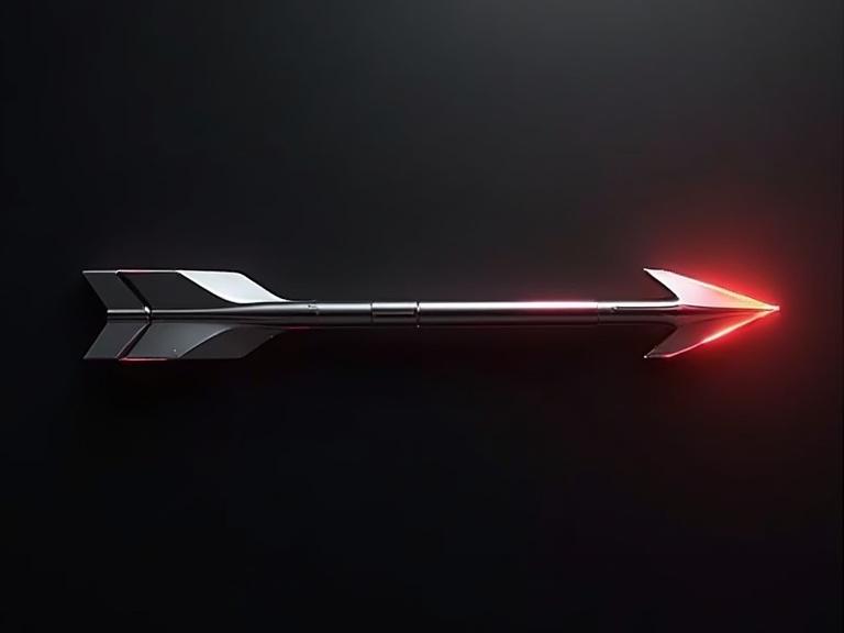 Sleek silver arrow with metallic reflections on a dark silver background. Arrow flies from right to left with a neon glow and a cinematic black-and-red color grade. Slight slow-motion zoom-in on impact effect.