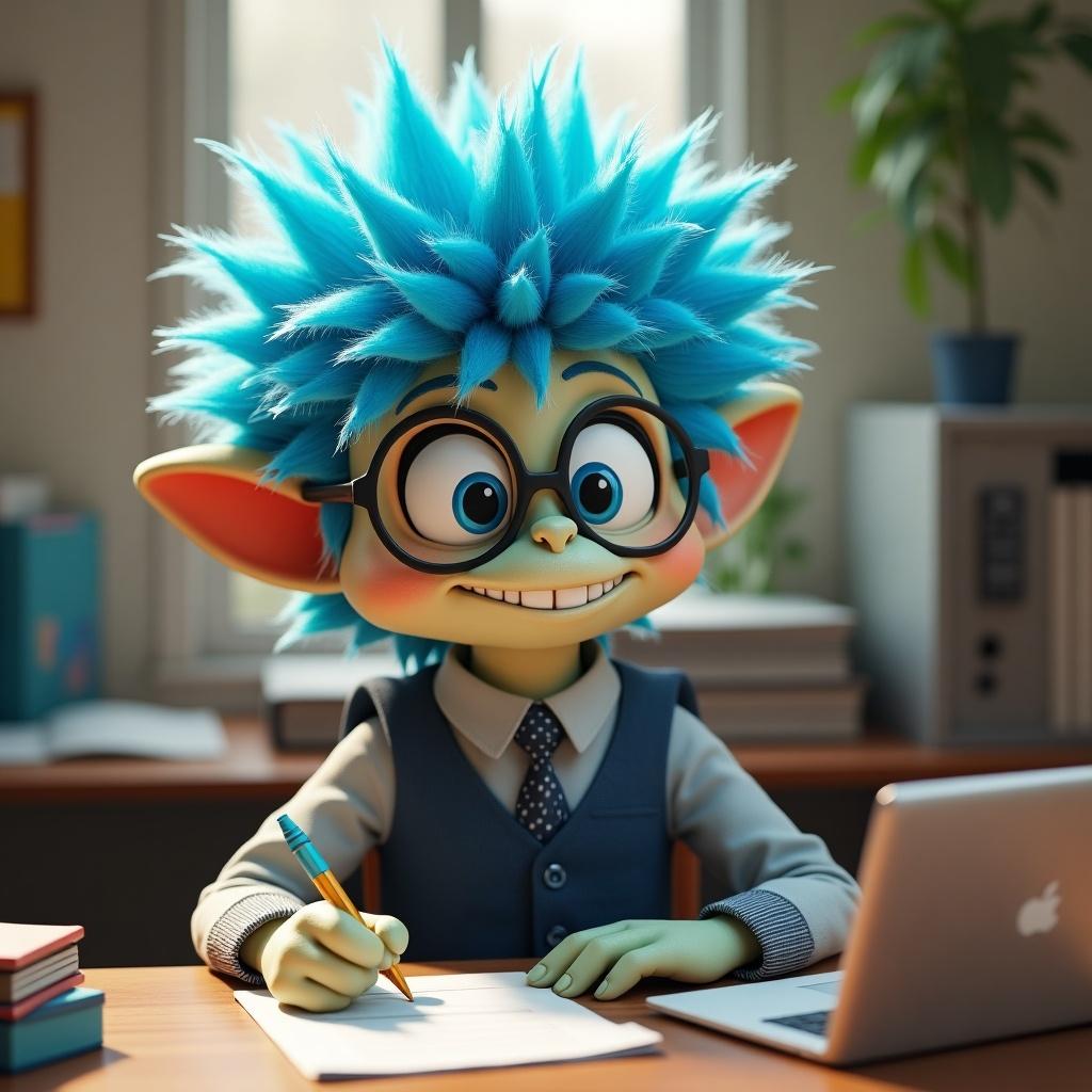 A 3D creature character with blue spiky hair. The character wears a hipster outfit. The character is sitting at a desk working. An office environment with a laptop and paperwork is visible.