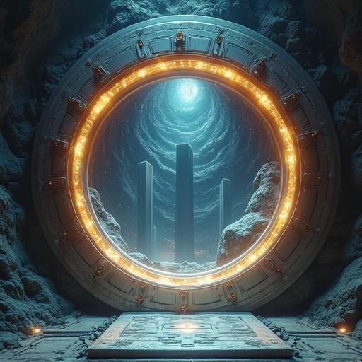 Massive mysterious portal in an ancient chamber. Portal resembles a futuristic vault door made of unknown metallic alloy. Surface etched with arcane symbols. Portal closed but emits soft glowing light. View reveals surreal landscape with floating monoliths and glowing constellations. Atmosphere feels mythical and invites viewers to explore. Environment is dark and hushed, suggesting exclusivity. This portal offers access to profound insights and transformation.