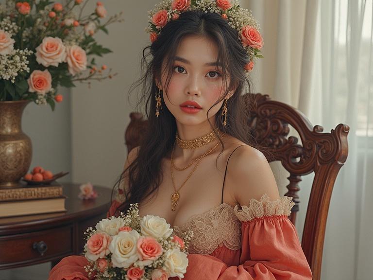 A woman sits elegantly adorned in soft pink attire. Flower crown made with roses crowns her hair. She holds a bouquet filled with flowers. A cozy interior surrounds her with natural light filtering through curtains.