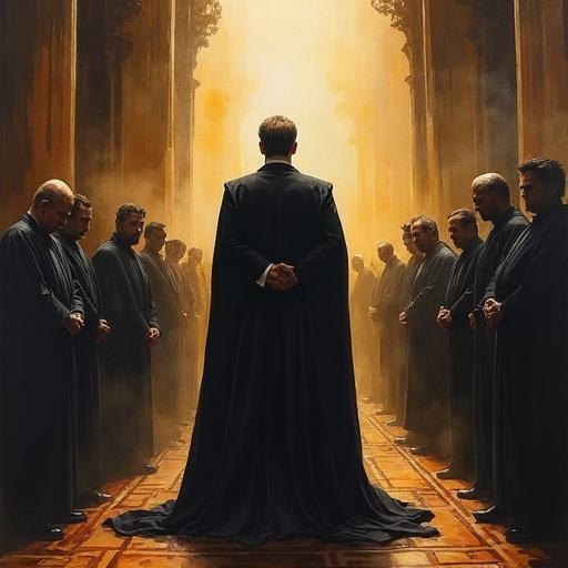Large hall filled with subdued shadows and warm spotlight. Man stands at center with commanding presence. Others bow around him in darkness. Invokes themes of authority and influence. Fluid gradients and brushwork depict elegance and strength.
