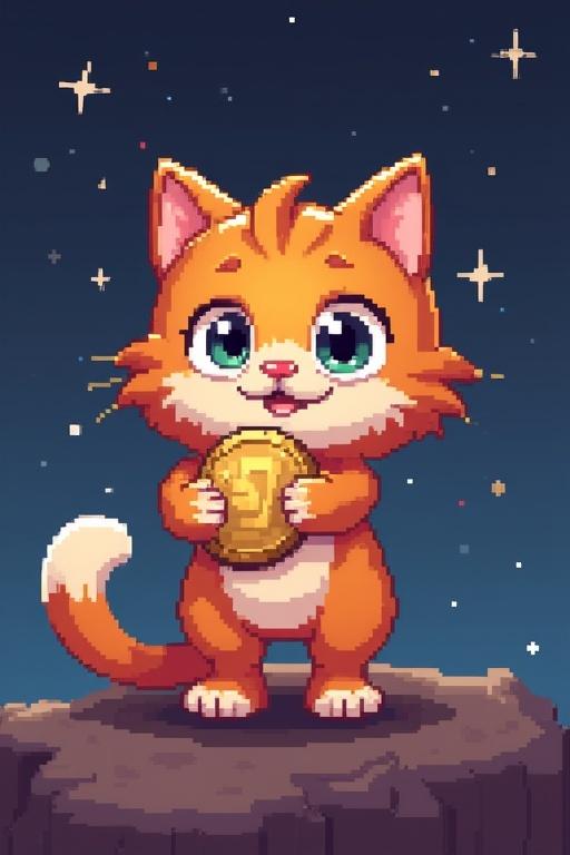 Cute Maine Coon cat represented in pixel art style. Character is holding a shiny coin. The backdrop features a starry space scene.