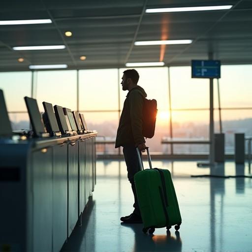 Daytime lighting in an airport. Passenger with green hand luggage standing at the service counter beside schedule screens. Calm atmosphere. Realistic setting.