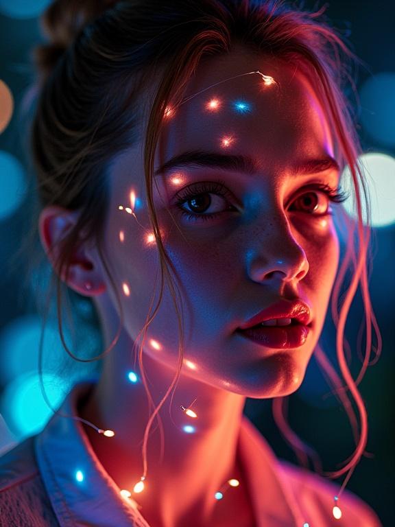 Photographed portrait of a woman illuminated with colorful LED lights against a blurred background. The image captures creative lighting effects on her face and skin.