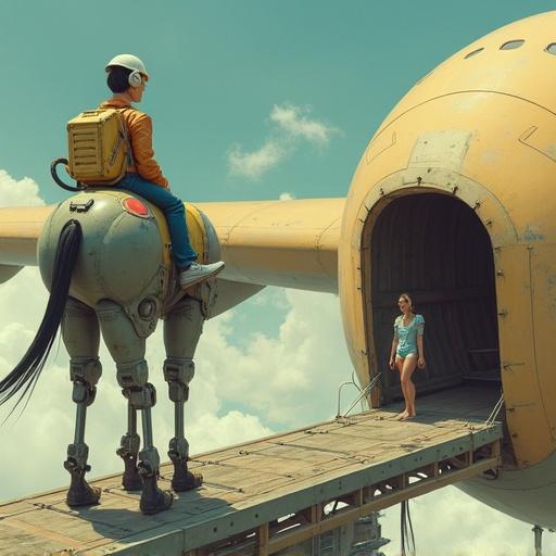 Surreal artwork depicting a mech with a rider standing on a loading ramp of a large cargo aircraft. The scene is set high above a target zone with the character and mech gazing downward. The artwork showcases vibrant colors and playful surrealism. Soft diffused lighting enhances the whimsical atmosphere, while the perspective is elevated, allowing the viewer to see the characters and their environment uniquely.