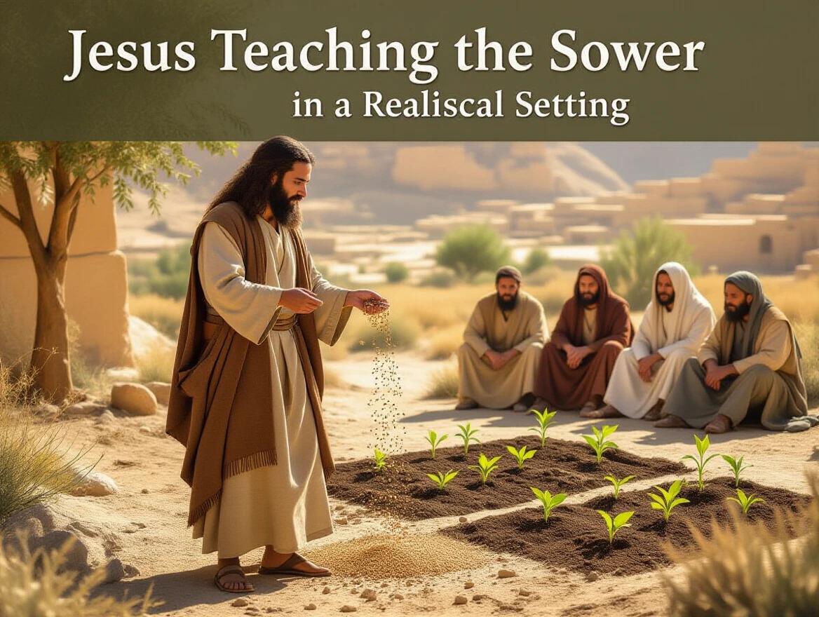 Jesus teaches a parable in a realistic biblical setting. A Middle Eastern man in traditional robes scatters seeds. Four different types of soil are shown with green sprouts. Listeners in biblical clothing watch attentively. The setting features natural lighting and historical textures.