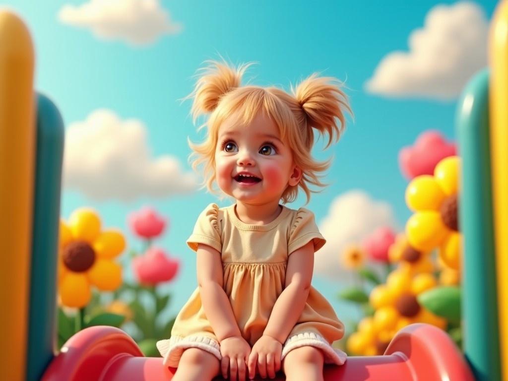 A joyful toddler with playful hairstyle is sitting on a vibrant slide. The child has round cheeks and a bright smile, exuding happiness. The background is filled with colorful flowers in a lush green setting. There are soft clouds in a bright blue sky, creating a cheerful atmosphere. This scene represents the innocence and joy of childhood in a playground environment.