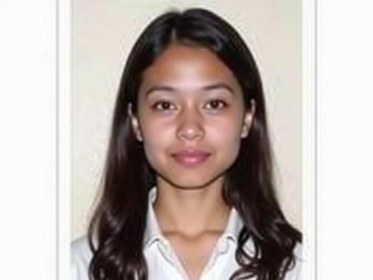 The image features a young woman with long, dark hair and a light complexion. She has a calm expression and looks directly into the camera. Her makeup is subtle, enhancing her natural features. She is wearing a white collared shirt, which gives a clean and professional appearance. The background is plain and lacks any detail, focusing attention on her face.