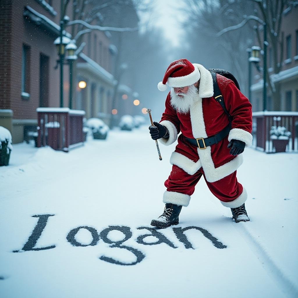 The image depicts Santa Claus writing the name ‘Logan’ in the freshly fallen snow. He is dressed in traditional red and white attire, complete with a black belt and boots. The snowy street is lined with quaint buildings, enhancing the holiday atmosphere. Soft, diffused winter light casts a warm glow, creating a cozy and inviting scene. The overall mood is festive and cheerful, perfect for the holiday season.