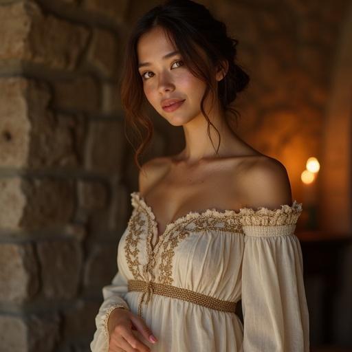 A woman stands gracefully in a rustic stone cottage. She wears a stunning medieval-style nightgown with intricate embroidery. The softly lit environment gives a warm, inviting atmosphere. Her features reflect natural beauty. She has an hourglass figure. Emotions of calm and serenity fill the scene.