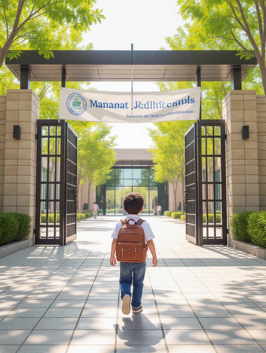 Tiny realistic human child walks toward a large modern school gate. School gate displays a banner reading 'Manarat Jeddah Schools'. Scene is photorealistic with a tilt-shift effect. Bright sunny day enhances the ambiance.