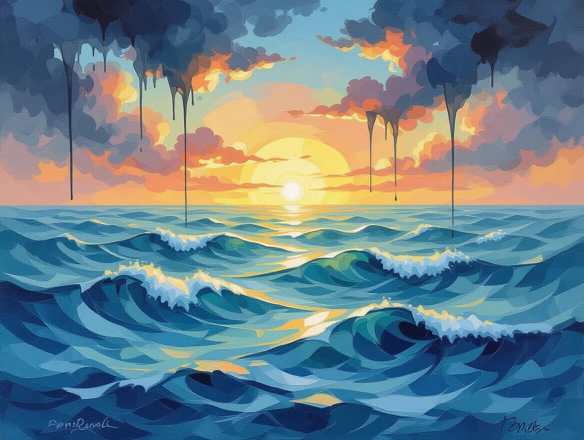 A painterly ocean seascape at dawn. Swirling Batik wave patterns flow across the water’s surface. Black ink drips from the clouds into the sea. Thick oil brushstrokes create texture. Soft pastel light on the horizon enhances the scene.