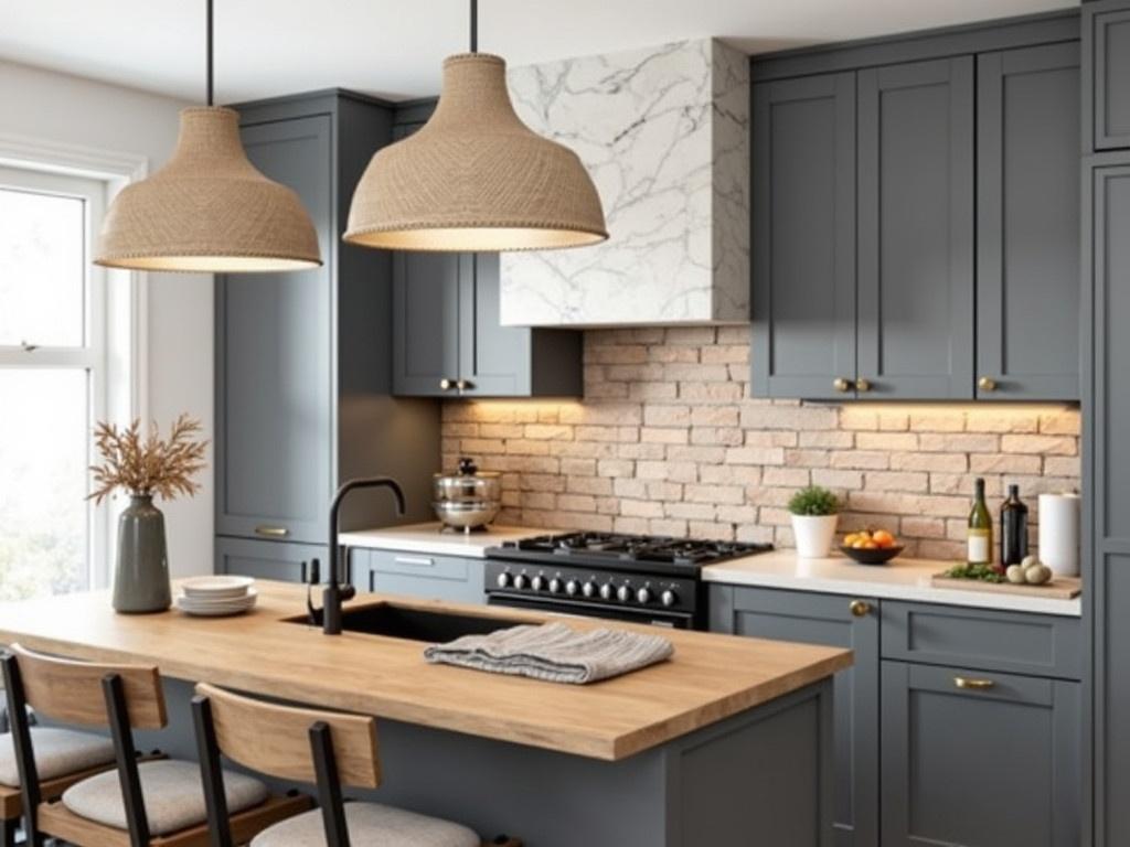 This kitchen is designed with a modern and cozy aesthetic. The walls are painted a soft white, which enhances the sense of space. Dark grey cabinets add a contemporary touch while providing ample storage. Two stylish hanging lights made of textured beige material illuminate the kitchen island. A rustic wooden countertop is complemented by simple decorative elements, such as a vase of dried plants and a fruit bowl. The stove area features a brick backsplash that adds warmth to the overall design.