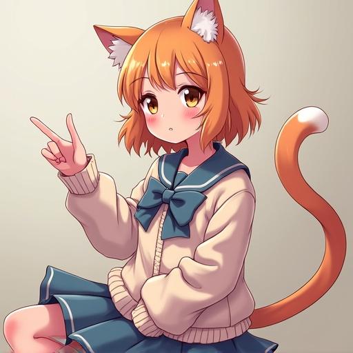 Anime image depicting a cat girl character. Character has orange hair, cat ears and a tail. Wearing a school uniform with a light blue collar. Sitting with one hand raised as if making a peace sign.
