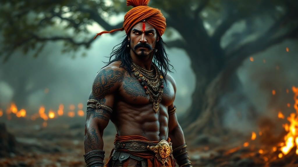 Highly detailed depiction of an Indian warrior in a cremation ground. Strong physique with tribal tattoos. Dark leather armor studded with rivets. Oriented with a wide belt and ornate buckle. Adorned with necklaces and a turban. Background features burning pyres and an ancient peepal tree. Atmosphere is dark and ominous.