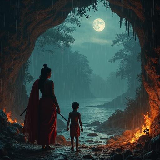 A jungle scene at night with rain pouring. A mother and her young son stand by a river. The mother wears a red garment. The boy looks up at her, both appear serious amidst a backdrop of trees and a bright full moon. Flames flicker in the background, hinting at chaos. The atmosphere is tense, but also protective and nurturing.
