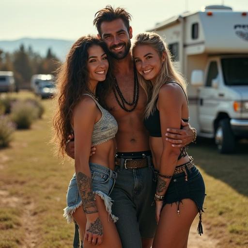 Two goth-punk women and a First Nation man smiling together at an RV park. All three people are dressed casually and barefoot. The background features RVs and natural scenery.