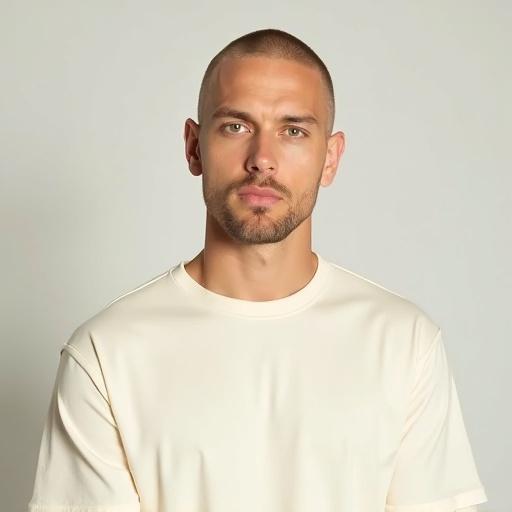 High resolution photorealistic portrait of a male. Short hair and clean-shaven. Wearing a plain cream T-shirt. Framed from head to just below the chest. Subject centered with head and chest visible. Upper arms partially shown. Directly looking into the camera. Neutral expression with prominent facial features. Soft, even lighting with sharp details. Minimalistic background and clean composition.
