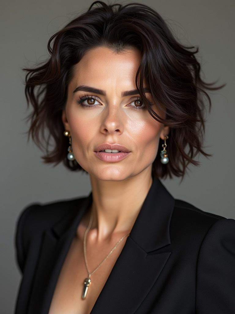 Female model wearing a black blazer. She has a necklace on. Curls frame her face. Soft lighting creates an elegant atmosphere. Professional portrait style.