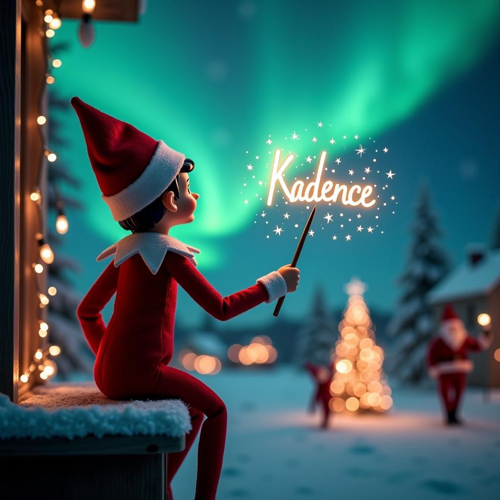 The image features an elf on a shelf sitting on a ledge, gazing upward at vibrant northern lights. With its back to the viewer, the elf holds a wand that spells out 'Kadence' in sparkling letters. In the background, Santa Claus can be seen, adding to the magical holiday vibe. Soft, glowing lights illuminate the scene, creating a whimsical atmosphere perfect for the Christmas season. The enchanting setting is inviting for children and families, capturing the spirit of holiday magic. The elf's red and white attire adds to the festive charm.