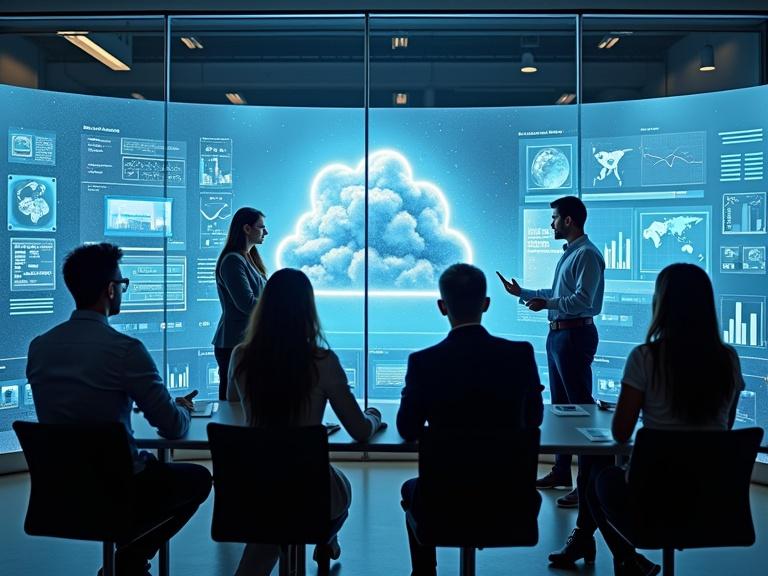 Diverse group of professionals in a glass conference room. Interactive digital whiteboards display charts and UI mockups. Background features cloud graphs and glowing touchpoints.
