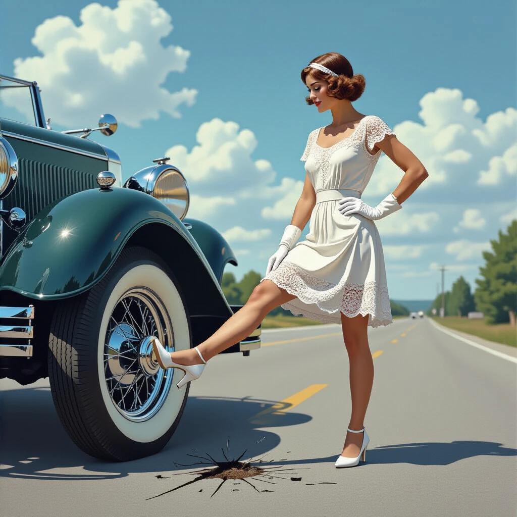 Photorealistic scene showing 1928 roadside incident. Art Deco socialite stands on road with deflated tire. She kicks lower tire sidewall. Tire is completely flat with noticeable dent. Tear visible at impact site. Huge vintage Mercedes car is parked with open door. Detailed shot capturing tire folds and glove strain. Misty mountains in the background.
