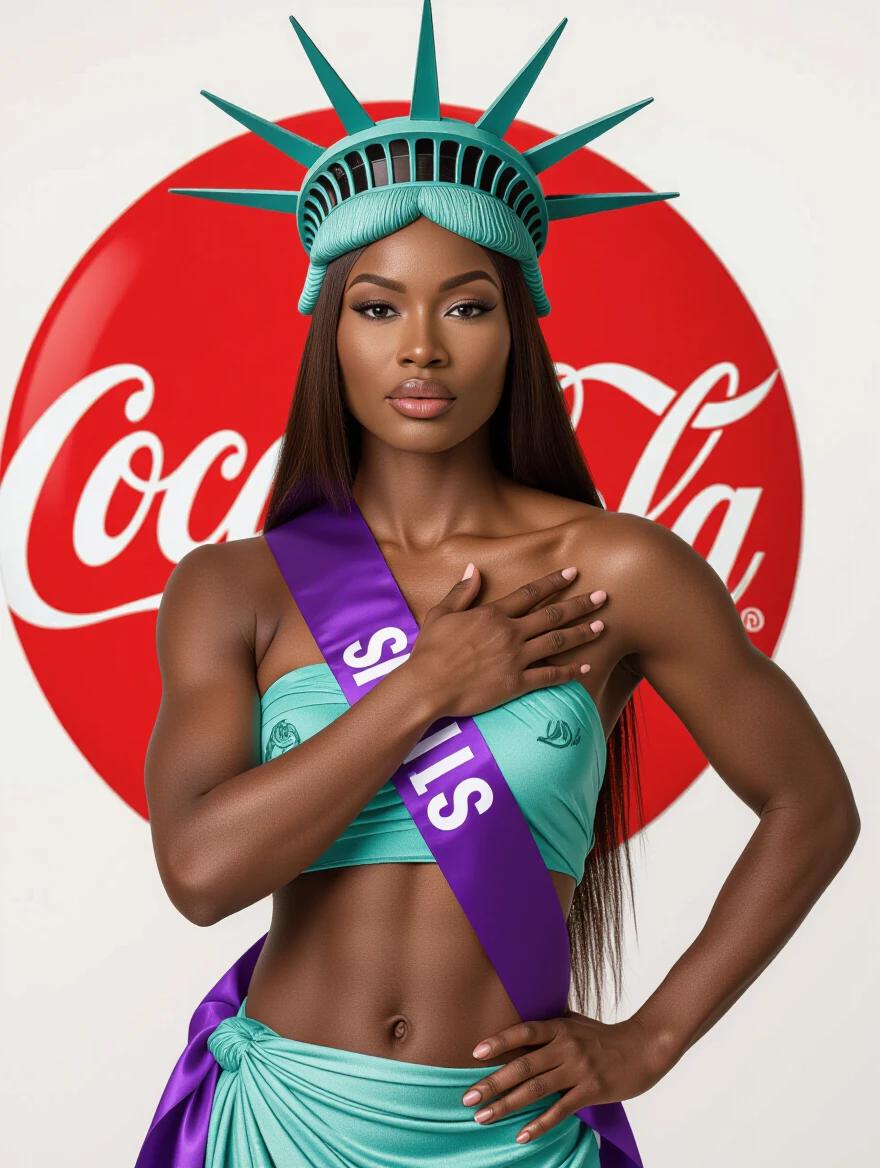 Photograph of a topless woman with toned physique wearing a purple sash and a statue crown. She has long, straight dark brown hair and a serious expression with her right arm crossed to cover her left breast. Left hand on her right hip. Light brown skin with a defined jawline. Background features a large red circle with a white Coca-Cola logo. The woman is positioned off-center to the right. The camera angle is eye-level with even lighting and no harsh shadows. The photograph showcases high aesthetic quality with sharp details and balanced composition.