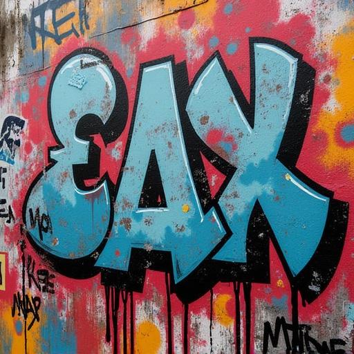 Colorful graffiti art on a wall with bold letters 'EAX'. Background features a mix of spray paint colors and textures.