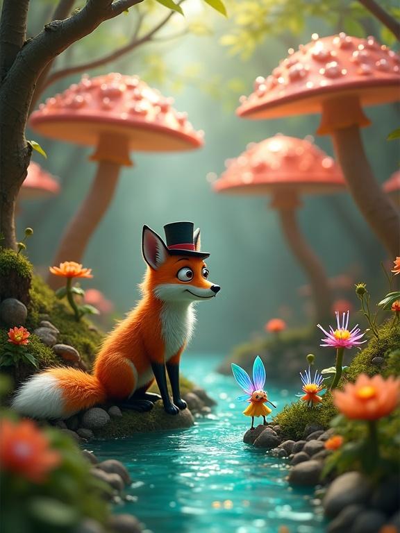 Magical scene in a whimsical forest with giant mushrooms and sparkling river. Fox with vibrant fur, tiny top hat, and monocle looks at fairy-like creatures. Enchanting atmosphere, golden light, and colorful flowers. Bizarre plants and gentle breeze add to magic.
