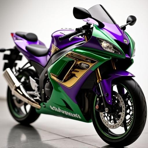 A motorcycle with purple fairings and green and gold accents. The tank is green. It is a 2008 Kawasaki Ninja 250R. The view is slightly angled to show the motorcycle design.