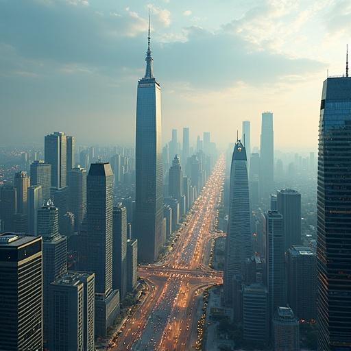 Image depicting a financial cityscape with skyscrapers and a wide avenue. The scene captures a skyline during soft lighting, emphasizing the towering buildings in a modern urban setting.