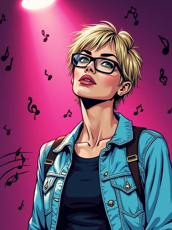 Stylized illustration of woman with rectangle glasses. Woman has blonde tousled pixie cut and light green eyes. She wears light blue denim jacket and dark t-shirt. Background is electric pink and deep purple with musical notes. Spotlight creates dreamy atmosphere.