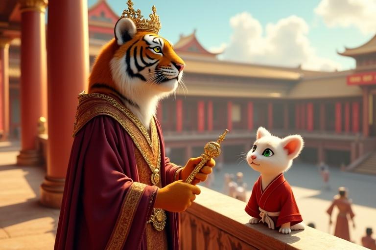 Regal scene set on a palace balcony overlooking an ornate courtyard. A majestic tiger dressed in maroon and gold robes holds a golden scepter. He has orange-white fur and a wise expression. Below, a small white cat with emerald green eyes and a light red karate gi looks up in awe. The background features golden pillars and red banners under a bright blue sky.
