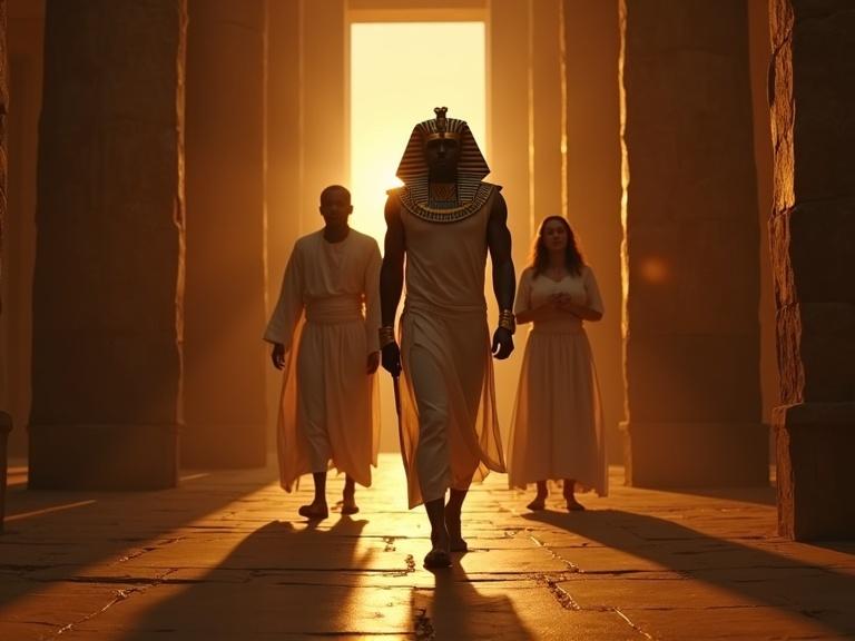 Medium IMAX shot of Pharaoh king emerging in golden shendyt wide jeweled collar blue-gold nemes crown inspired by Remember the Time High monk bold dark skinned in white linen leads holding a staff Behind the doctor wears a plain linen robe barefoot looking confused All characters have Egyptian features Torchlight casts dramatic shadows Temple setting consistent Ultra-realistic and cinematic