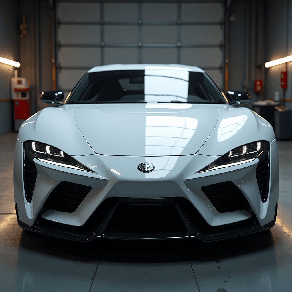 A white sports car with sleek headlights is parked inside a garage.