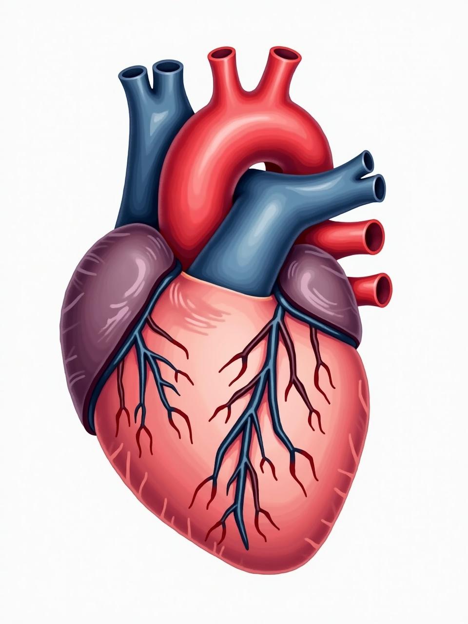 The image showcases a stylized representation of a human heart, highlighting its main components such as the arteries and veins. The heart is depicted with vibrant colors including red and blue, emphasizing its various parts. This illustration can serve as an educational tool for explaining heart anatomy and function. The design is colorful and engaging, making it suitable for various audiences. This could be used in textbooks, online articles, or digital content related to health and medicine.