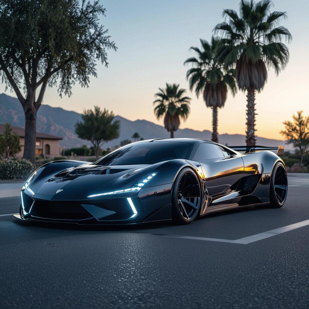 A parked futuristic low rider hypercar captured in raw photo style. Scene features palm trees and mountains in the background during twilight.