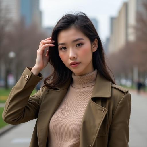 Stylish young woman poses in urban setting. Dressed in fashionable attire. Generic attractive face and natural makeup. Well-styled hair. Background is cityscape or park, softly blurred. Soft flattering lighting. Elegant contemporary tone. Focus on outfit and confident demeanor.