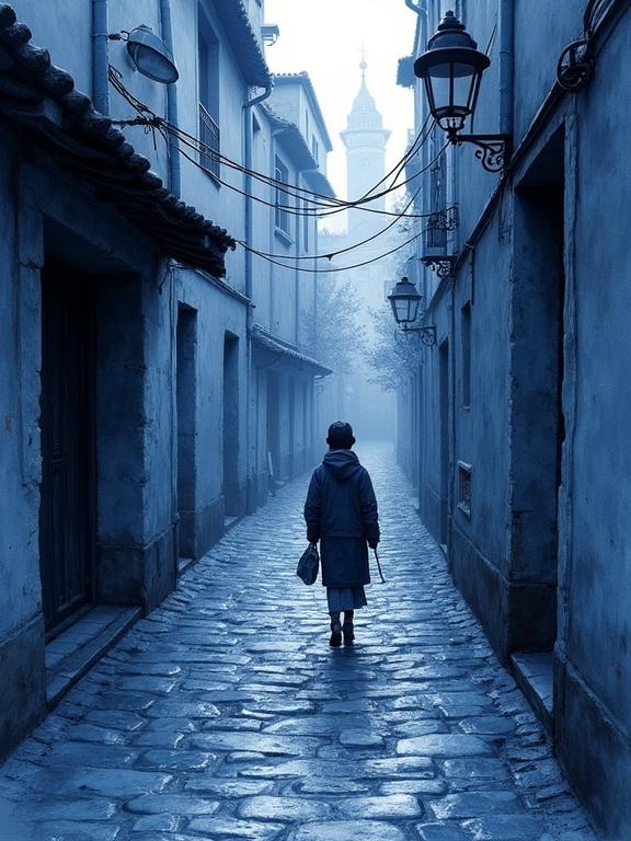 A figure walks alone down a narrow, cobblestone street in shades of blue and black. The atmosphere is moody and foggy, with a distant tower visible. A sense of solitude prevails in this urban setting.