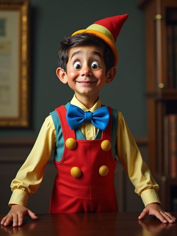 Portrait of a boy dressed in a colorful Pinocchio costume with a hat. The boy has a cartoonish, cheerful expression. The background has a classic setting with wooden furniture.