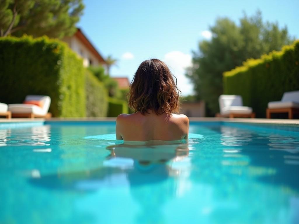 This image depicts a serene moment by a swimming pool, where a woman with short brown hair enjoys a tranquil swim. She is seen from behind, immersed up to her shoulders in the clear blue water of the pool. The setting is luxurious, with plush poolside chairs and verdant hedges under a vibrant blue sky dotted with soft clouds, offering a sense of relaxation and escape into nature.