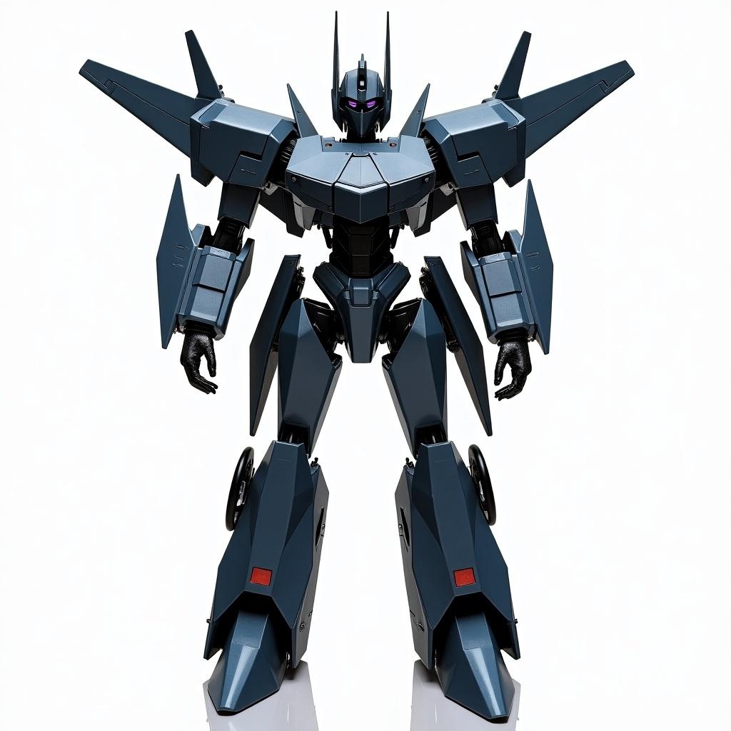 Custom transformer robot with feminine features. Designed from F-22 fighter jet. Dark steel and navy blue metallic colors. Background is transparent for integration.