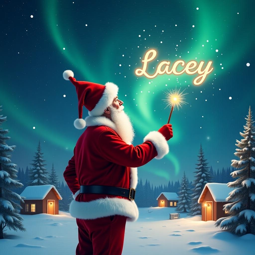 Santa dressed in red with a pointed hat holds a sparkling wand. He gazes at the sky while writing the name ‘Lacey’ in the stars. Snowy landscape with little houses and evergreen trees appears under the Northern Lights.