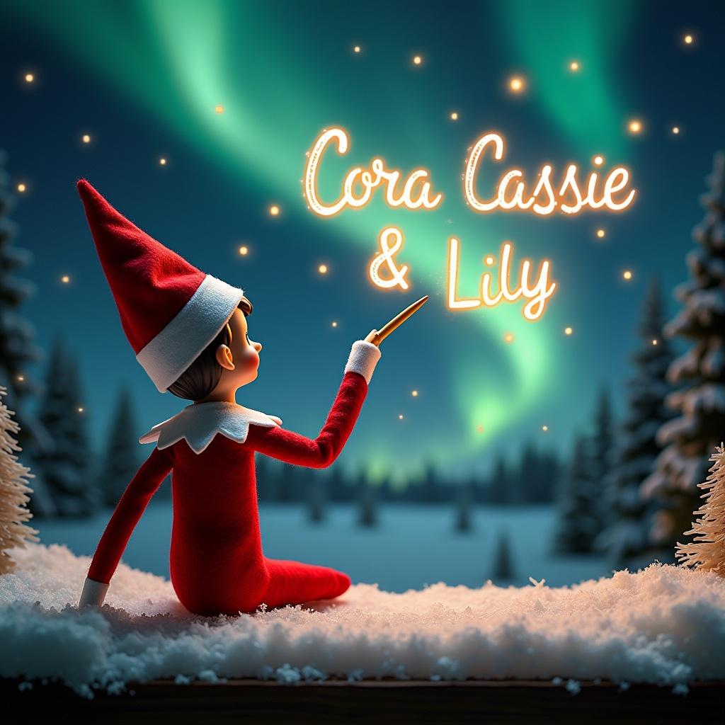 An enchanting Christmas scene featuring an elf on the shelf, who is facing the sky with his back to the viewer. Dressed in red and white, the elf wields a magic wand, writing 'Cora', 'Cassie & Lily' in a glowing script above him. The backdrop includes vibrant northern lights, creating a magical ambiance. This festive scene captures the spirit of Christmas with a whimsical twist, evoking a sense of wonder and excitement. The snowy ground adds serenity to this joyful holiday illustration, perfect for showcasing the essence of Christmas.