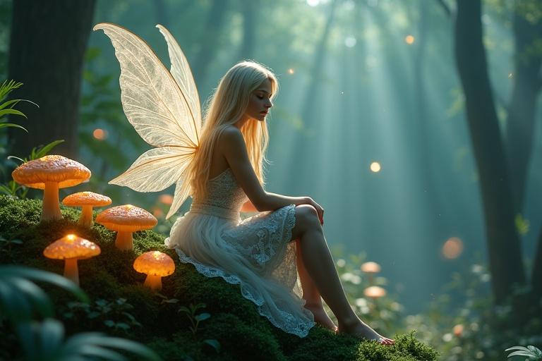 Ultra-high resolution magical forest scene featuring an ethereal fairy with glowing wings. Fairy has flowing blonde hair and sits on a mossy rock surrounded by glowing mushrooms. She wears an intricately designed white lace dress that reflects the forest's charm. Subtle glowing orbs float in the air, enhancing the magical atmosphere. Ethereal light filters through the canopy, creating a dreamy setting full of lush greenery and serene beauty. The composition balances natural beauty with magical elements in hyper-realistic detail.