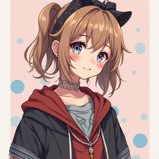 Anime teenage woman dressed in stylish clothing with unique accessories. The character has playful expressions. Background features soft colors and circles.